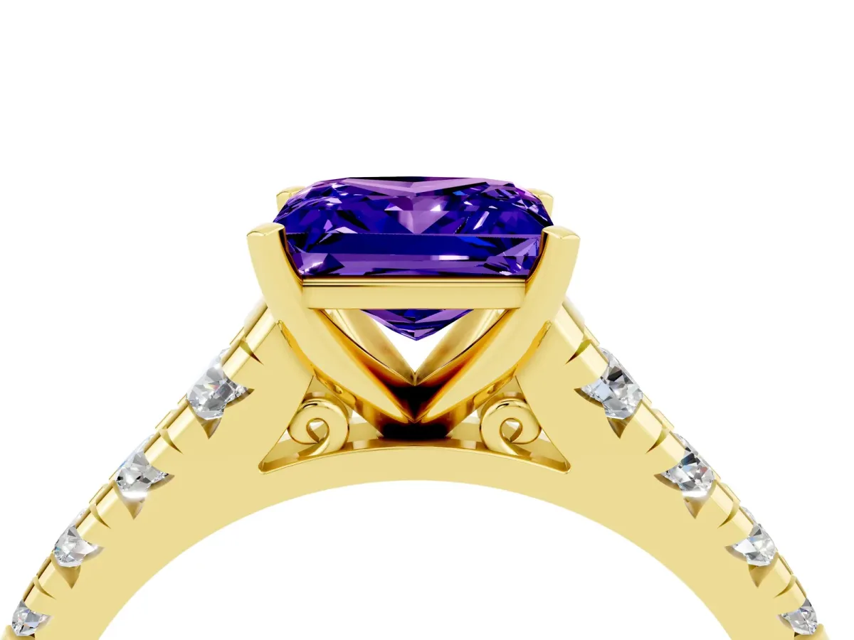 Princess Cut Tanzanite Cathedral Solitaire Ring with Round Pavé Band Yellow gold