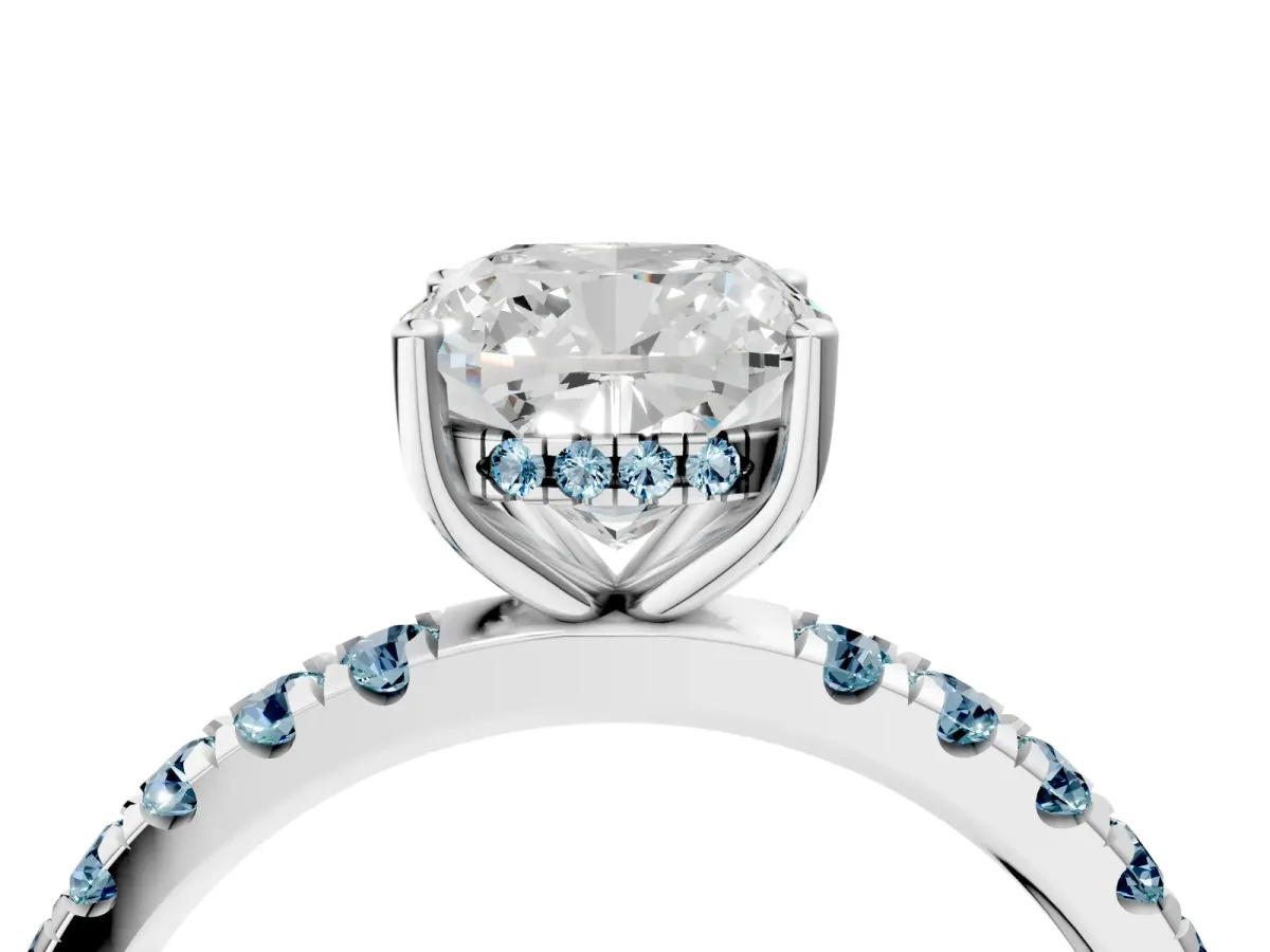 Cushion Cut Diamond Pave Band Solitaire Ring with Round Aquamarine and Prong Setting Silver