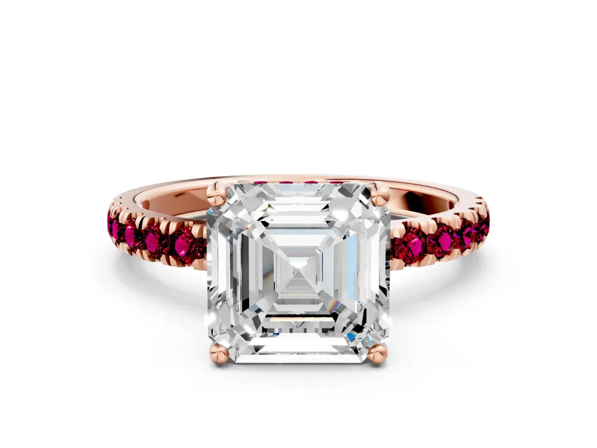 Asscher Cut Diamond Pave Band Solitaire Ring with Round Garnet and Prong Setting Rose gold