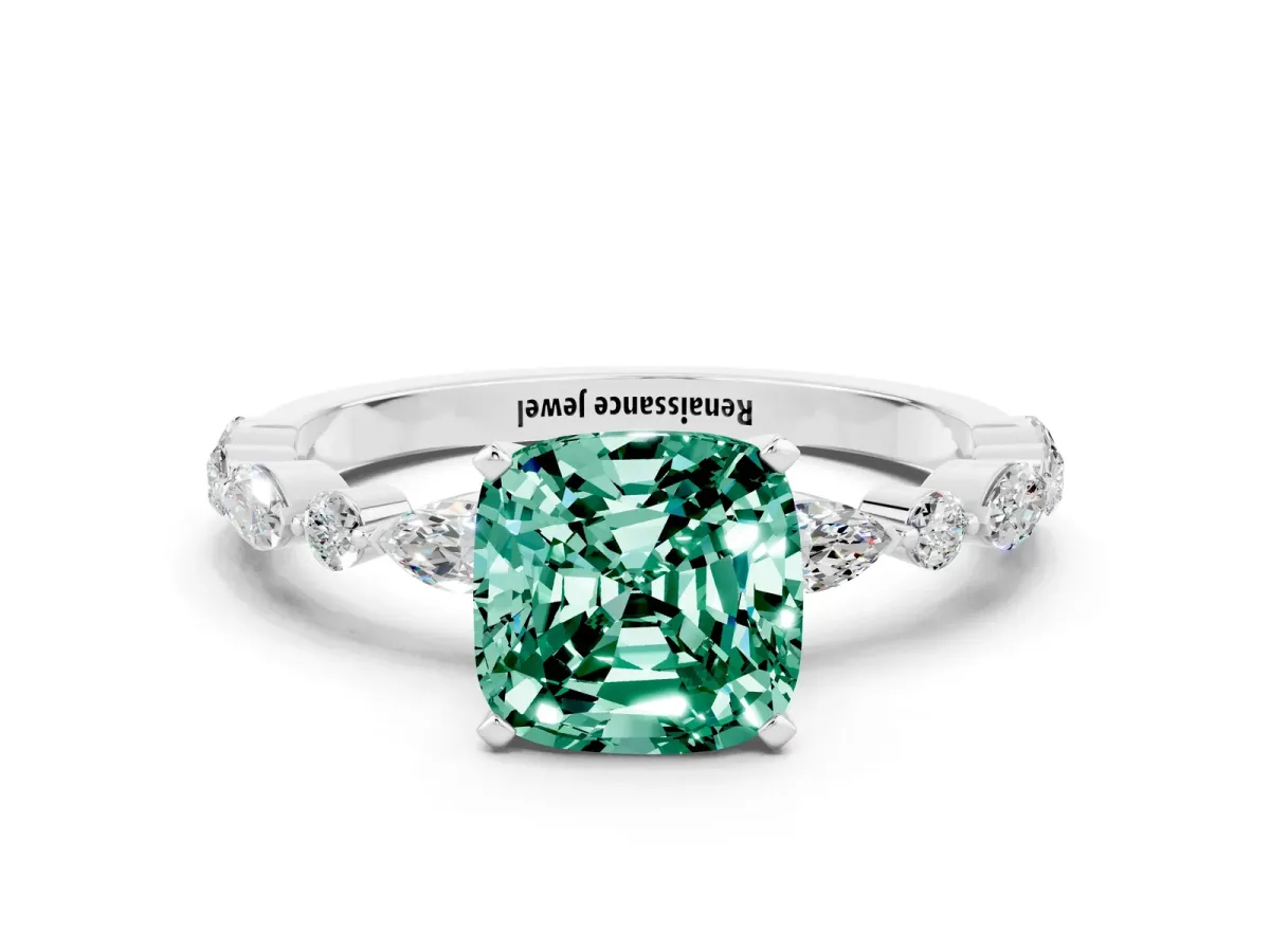 Cushion Cut Green Sapphire Ring with Marquise and Round Side Stones and Four-Prong Setting Silver