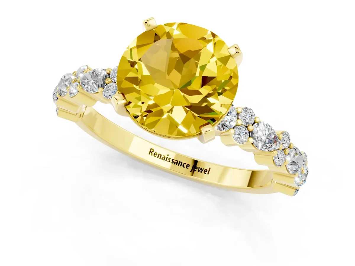 Round Cut Yellow Sapphire Side Stone Solitaire Ring with Round and Four-Prong Setting Yellow gold