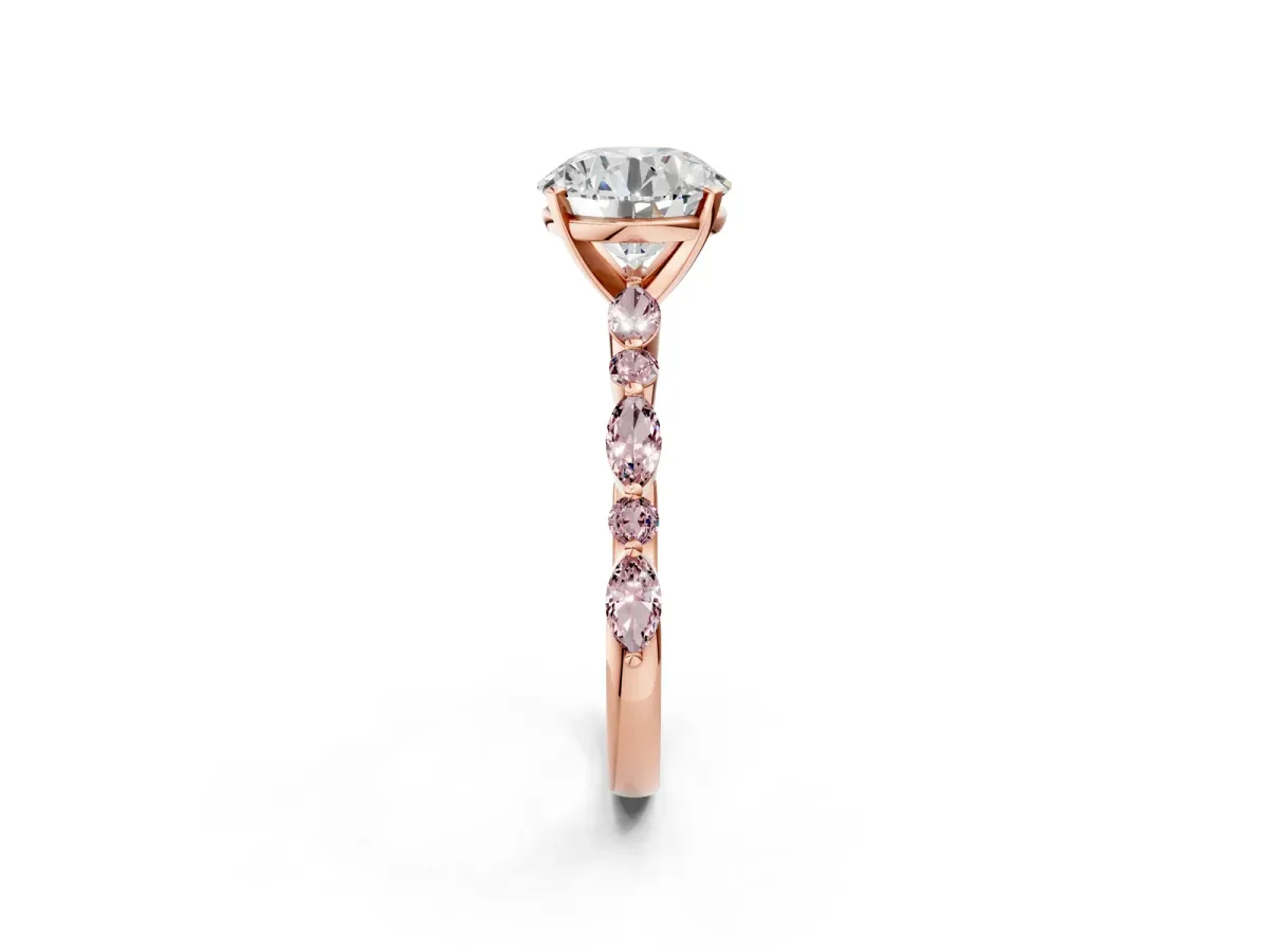 Round Cut Diamond Ring with Marquise and Round Morganite Side Stones and Four-Prong Setting Rose gold