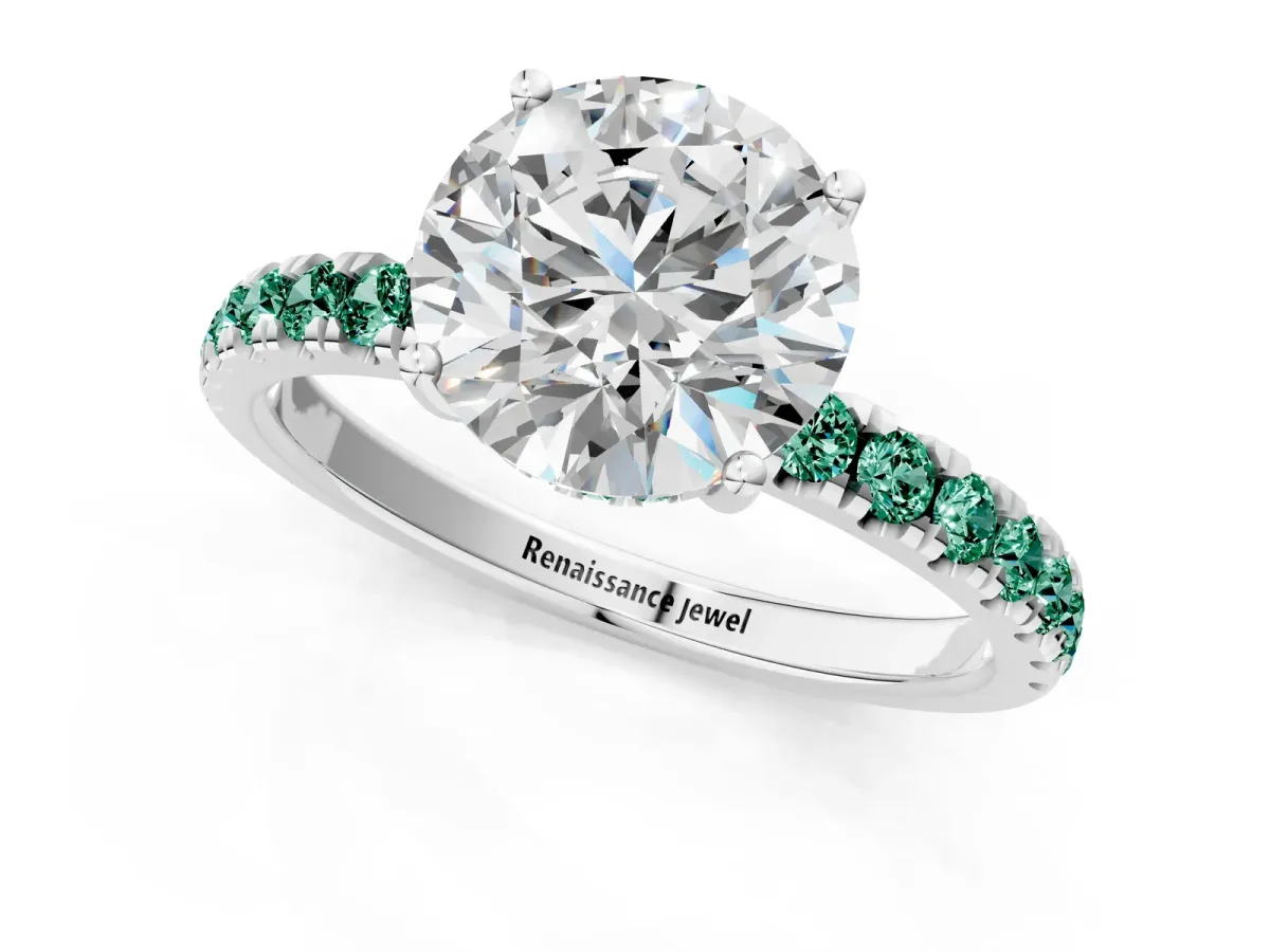 Round Cut Diamond Pave Band Solitaire Ring with Round Green Sapphire and Prong Setting Platinum