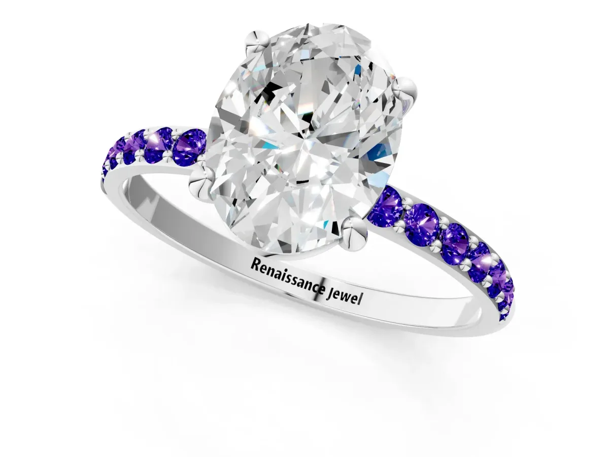 Oval Cut Diamond Solitaire Ring with Round Tanzanite Pavé Band and Prong Setting Platinum