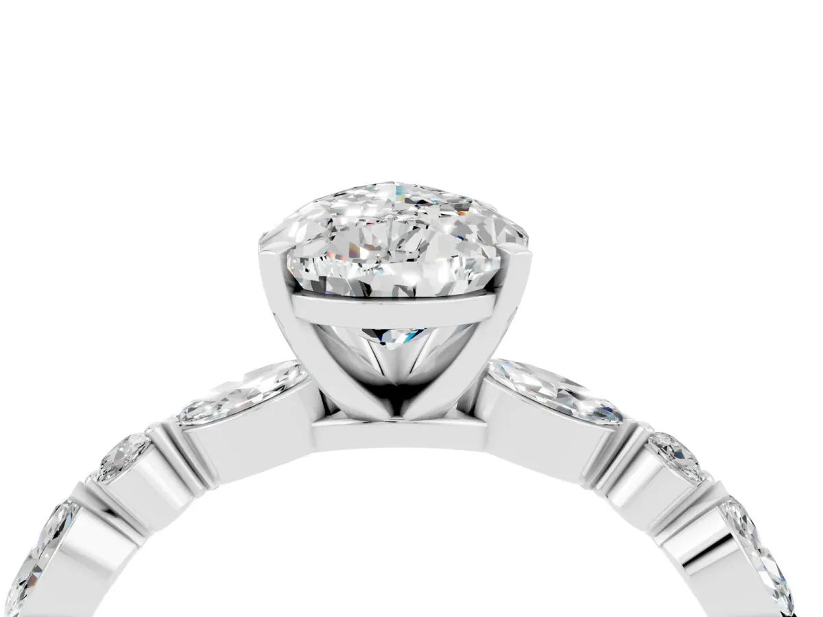 Pear Cut Moissanite Ring with Marquise and Round Side Stones and Four-Prong Setting Platinum