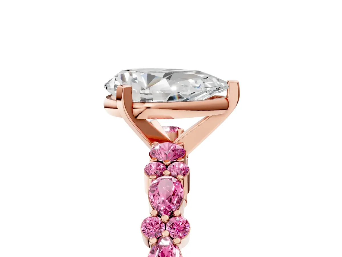 Pear Cut Diamond Side Stone Solitaire Ring with Round Pink Sapphire and Four-Prong Setting Rose gold