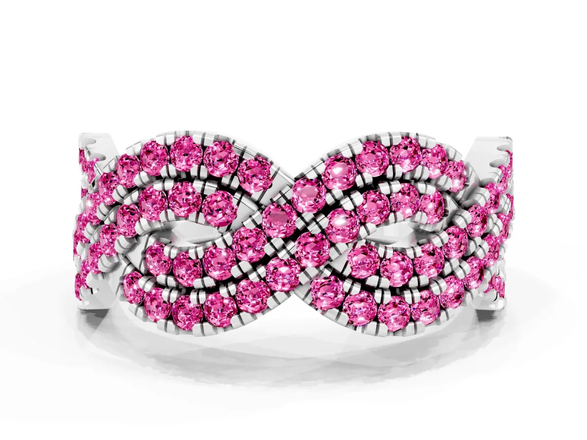 Pavé Round Pink Sapphire Infinity Twist Band with Shared Prong Setting White gold