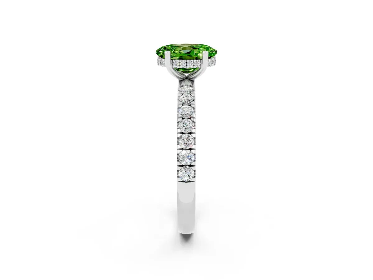 Oval Cut Peridot Pave Band Solitaire Ring with Round and Prong Setting Platinum
