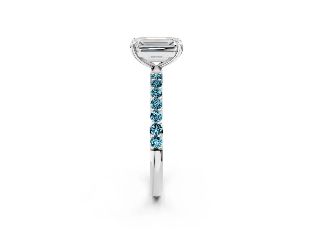 Emerald Cut Diamond Solitaire Ring with Round Blue Topaz Pavé Band and Prong Setting Silver