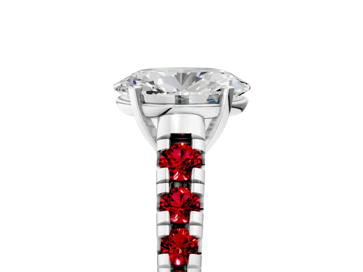 Oval Cut Diamond Cathedral Solitaire Ring with Round Ruby Pavé Band Platinum
