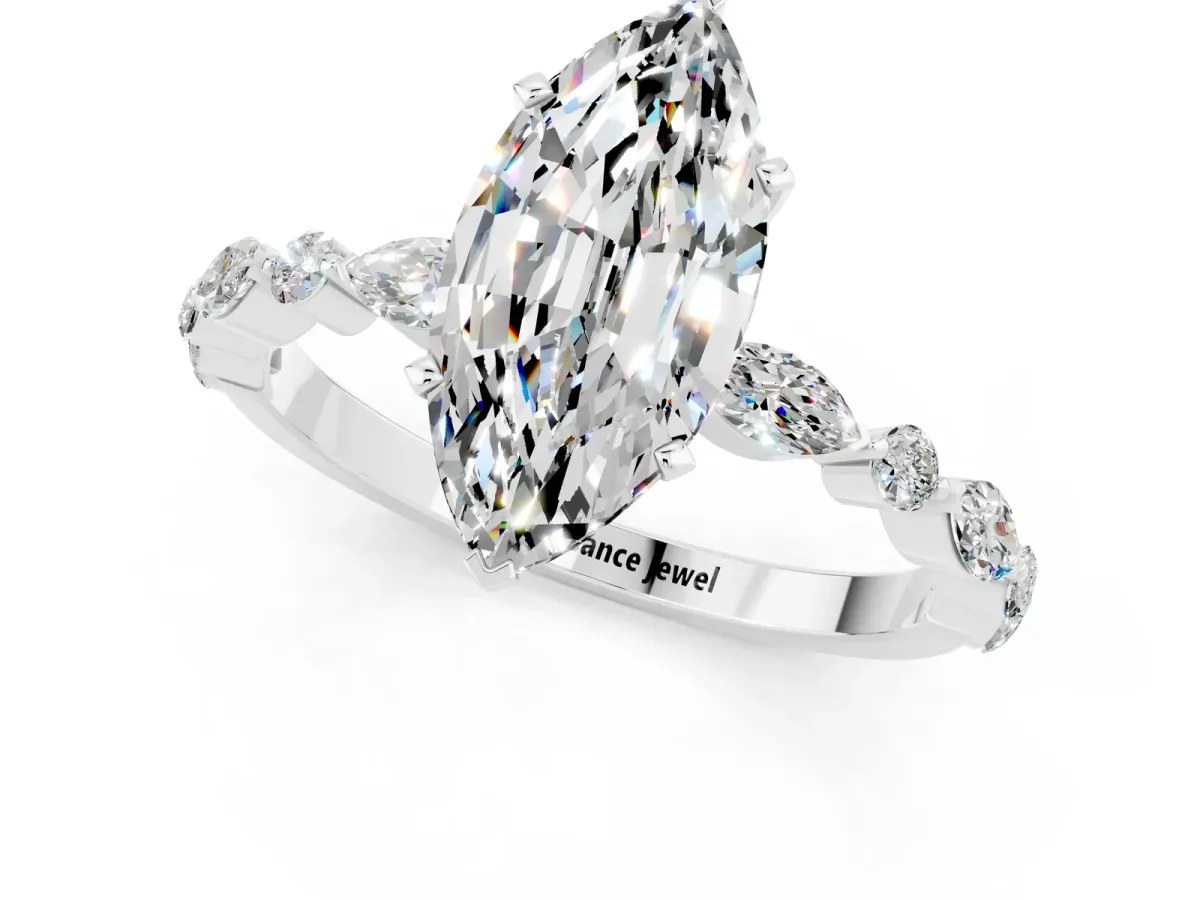 Marquise Cut Moissanite Ring with Marquise and Round Side Stones and Four-Prong Setting Silver