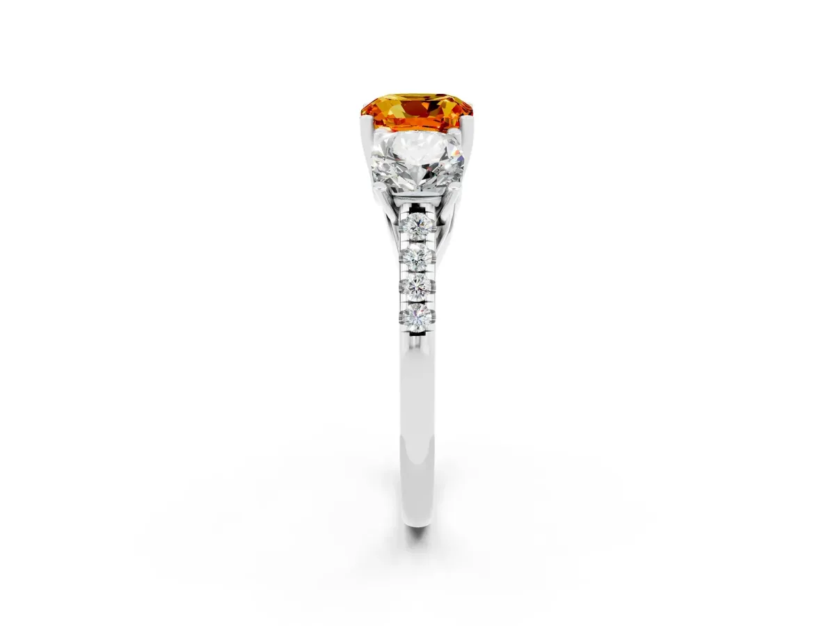 Three-Stone Cushion Cut Citrine Ring with Round Pavé Band and Prong Setting Silver