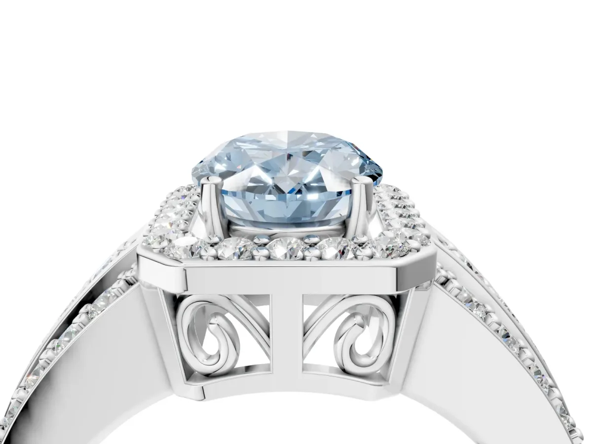 Fancy Blue Oval Cut Halo Diamond Ring with Round Split Shank and Prong Setting White gold