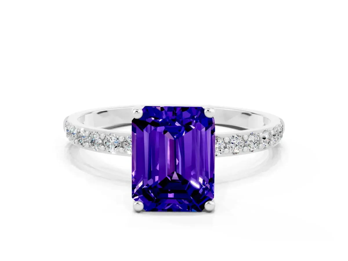 Emerald Cut Tanzanite Solitaire Ring with Round Pavé Band and Prong Setting Platinum