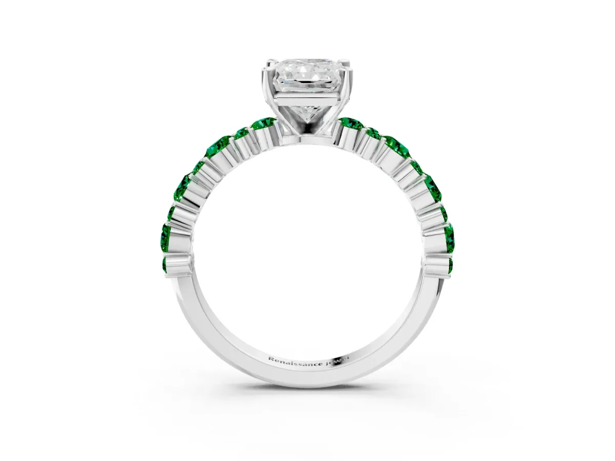 Radiant Cut Diamond Side Stone Solitaire Ring with Round Emerald and Four-Prong Setting Platinum