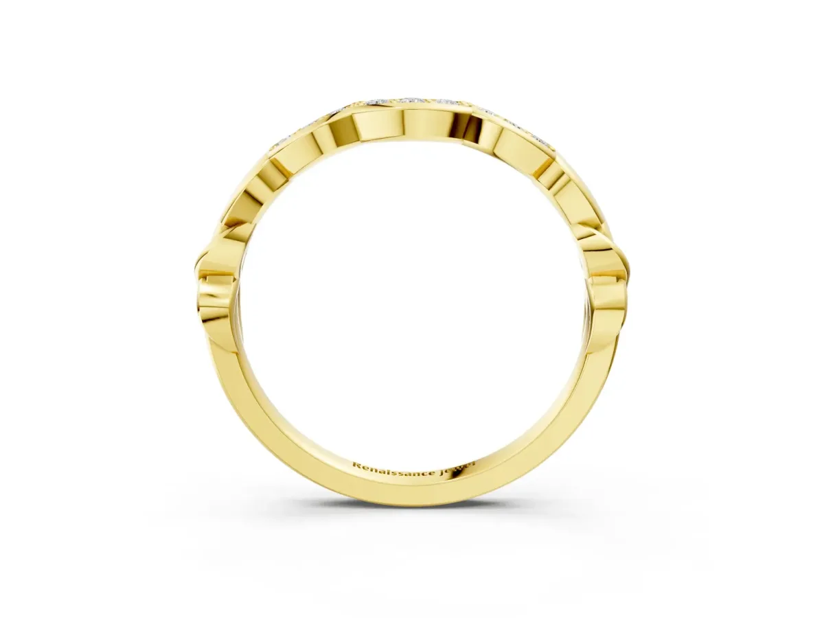 Scalloped Diamond Curved Band with Round Brilliant Stones and Shared Prong Setting Yellow gold