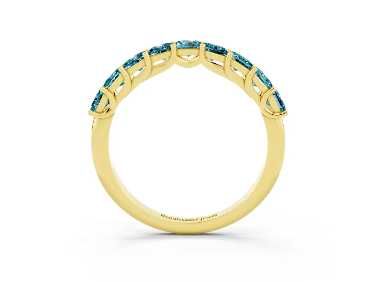 Princess Cut Blue Topaz Channel-Set Eternity Band with Prong Setting Yellow gold