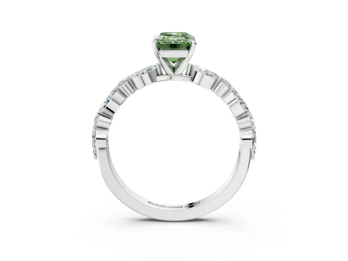 Fancy Green Emerald Cut Diamond Ring with Marquise and Round Side Stones and Four-Prong Setting Silver