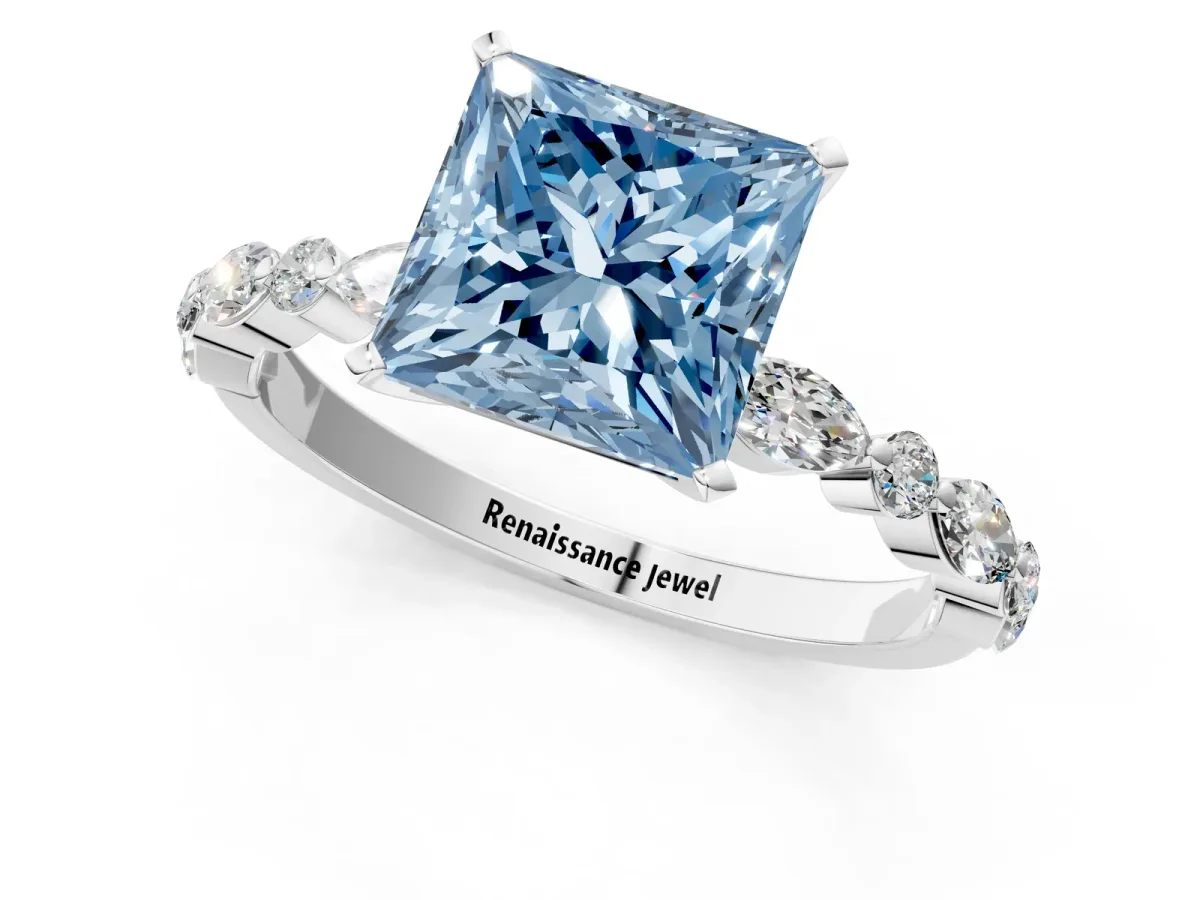 Fancy Blue Princess Cut Diamond Ring with Marquise and Round Side Stones and Four-Prong Setting Platinum