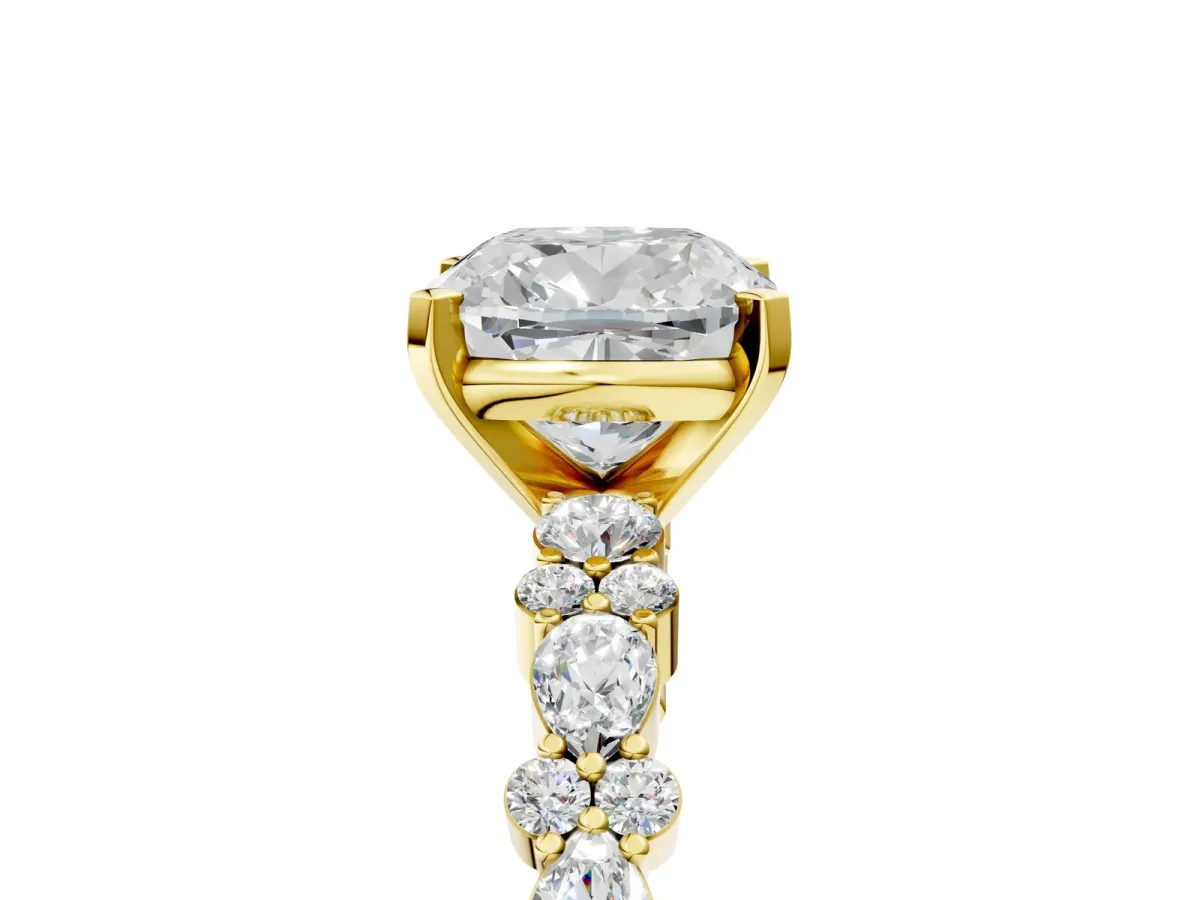 Cushion Cut Diamond Side Stone Solitaire Ring with Round Moissanite and Four-Prong Setting Yellow gold