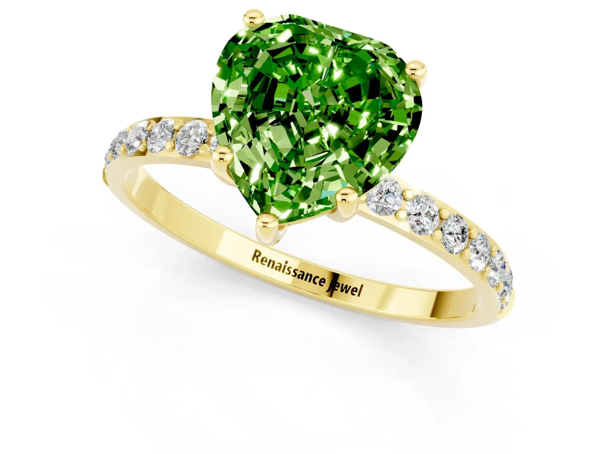Heart Cut Peridot Solitaire Ring with Round Pavé Band and Prong Setting Yellow gold