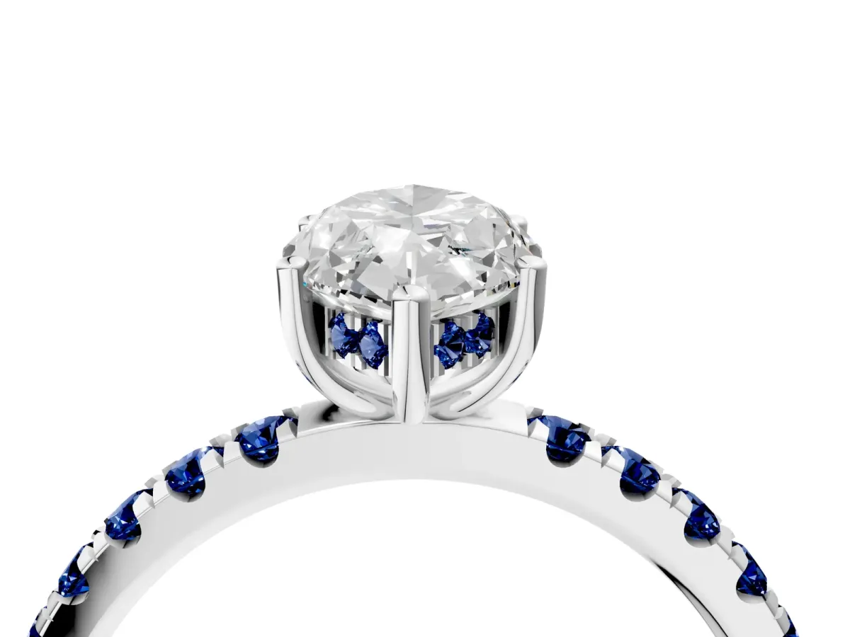 Marquise Cut Diamond Pave Band Solitaire Ring with Round Blue Sapphire and Prong Setting White gold