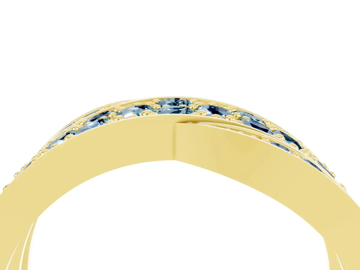 Pavé Round Aquamarine Crossover Band with Bead Prong Setting Yellow gold