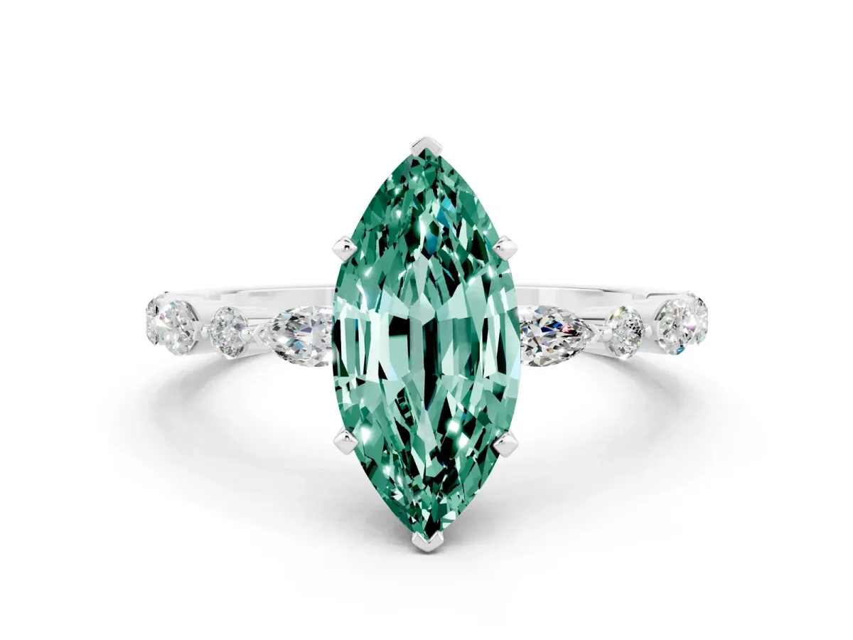 Marquise Cut Green Sapphire Ring with Marquise and Round Side Stones and Four-Prong Setting Platinum