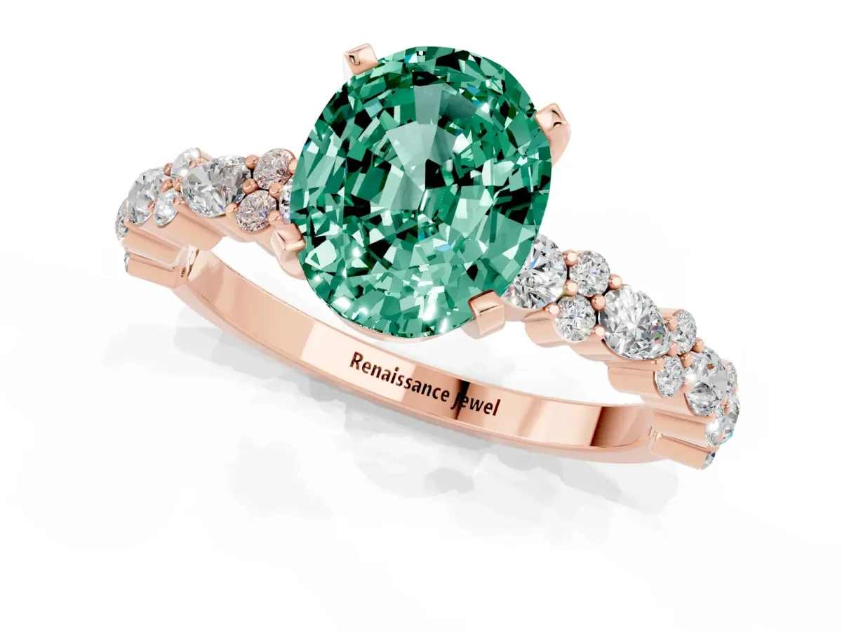 Oval Cut Green Sapphire Side Stone Solitaire Ring with Round and Four-Prong Setting Rose gold