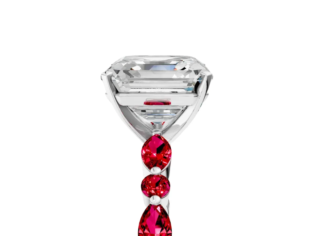 Asscher Cut Diamond Ring with Marquise and Round Ruby Side Stones and Four-Prong Setting Silver