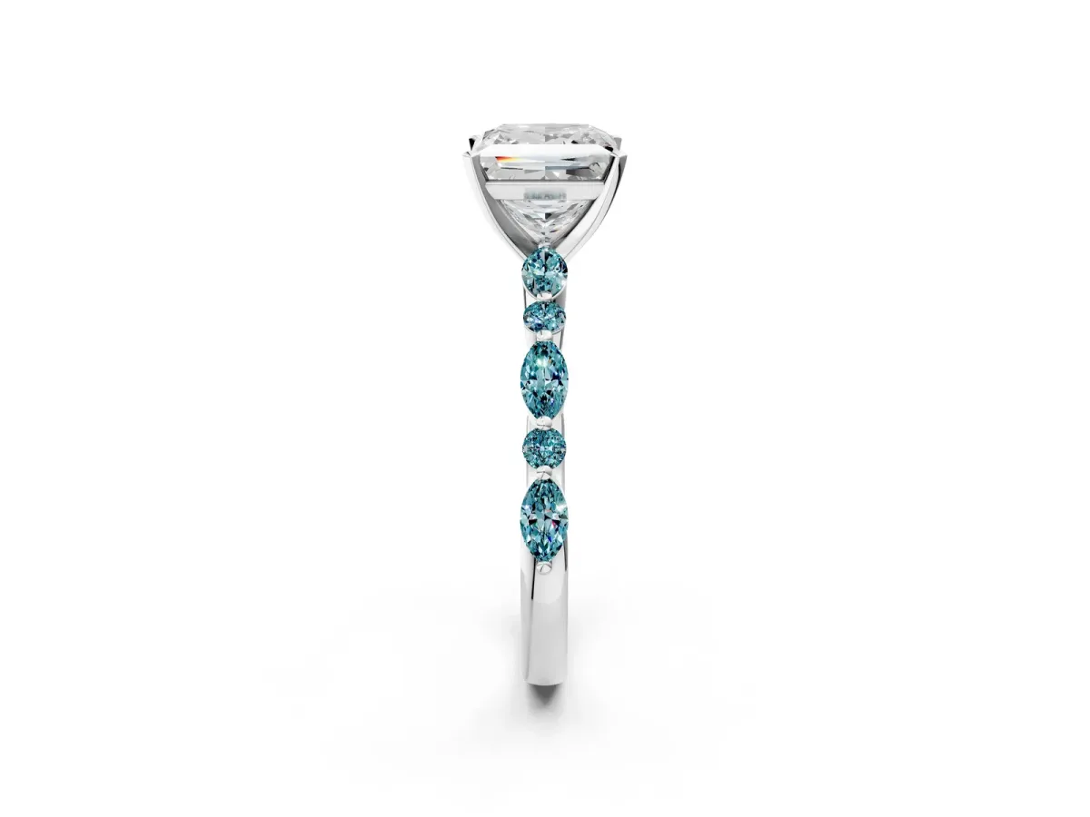 Princess Cut Diamond Ring with Marquise and Round Blue Topaz Side Stones and Four-Prong Setting Silver