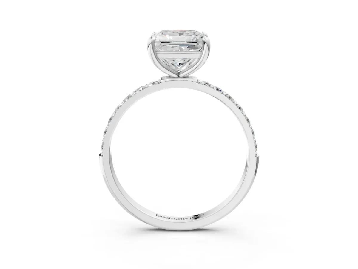 Princess Cut Diamond Solitaire Ring with Round Pavé Band and Prong Setting Platinum