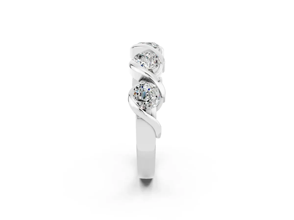 Round Moissanite Wave Band with Channel Setting and Shared Prongs Silver