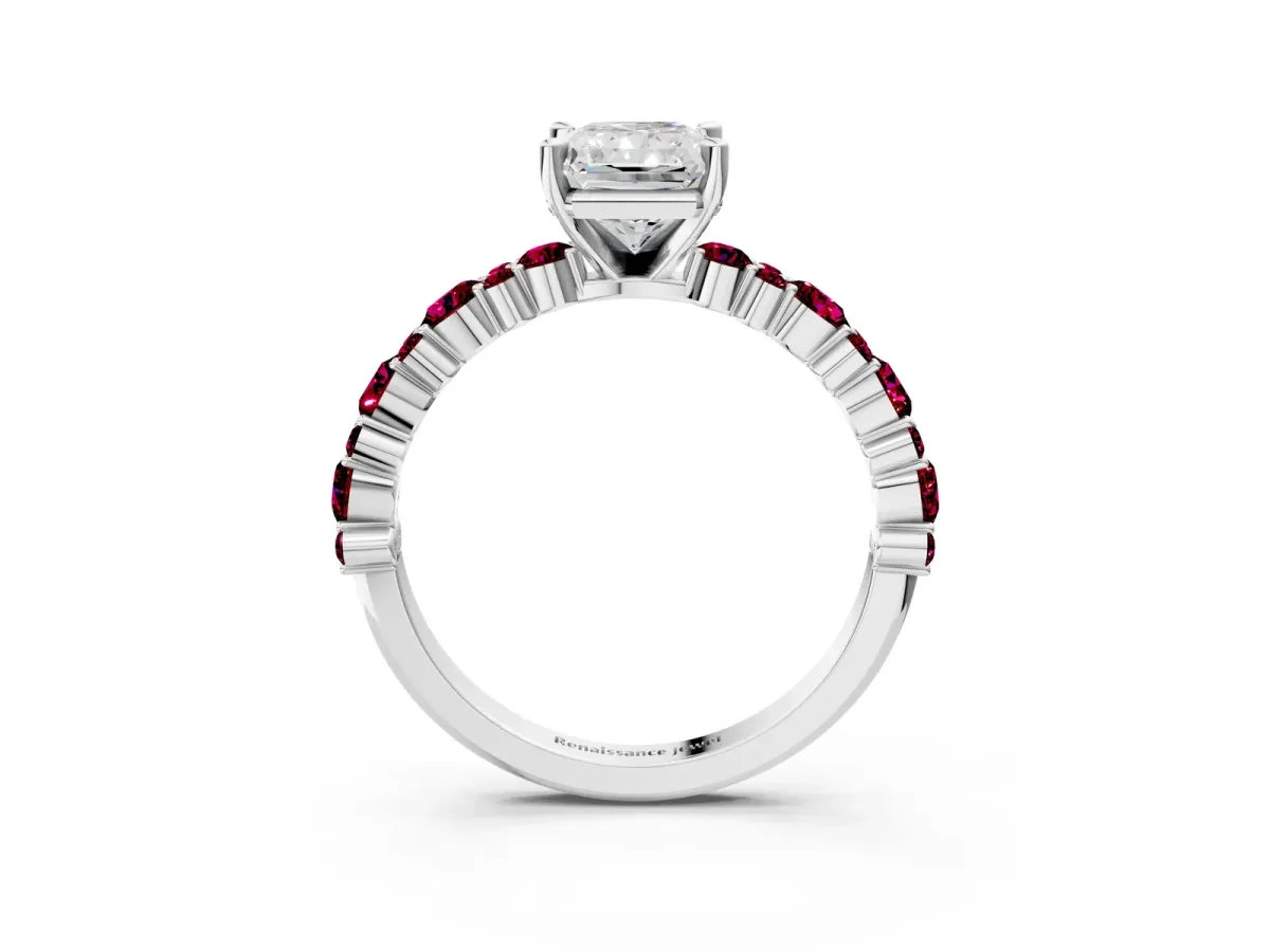 Radiant Cut Diamond Side Stone Solitaire Ring with Round Garnet and Four-Prong Setting Platinum