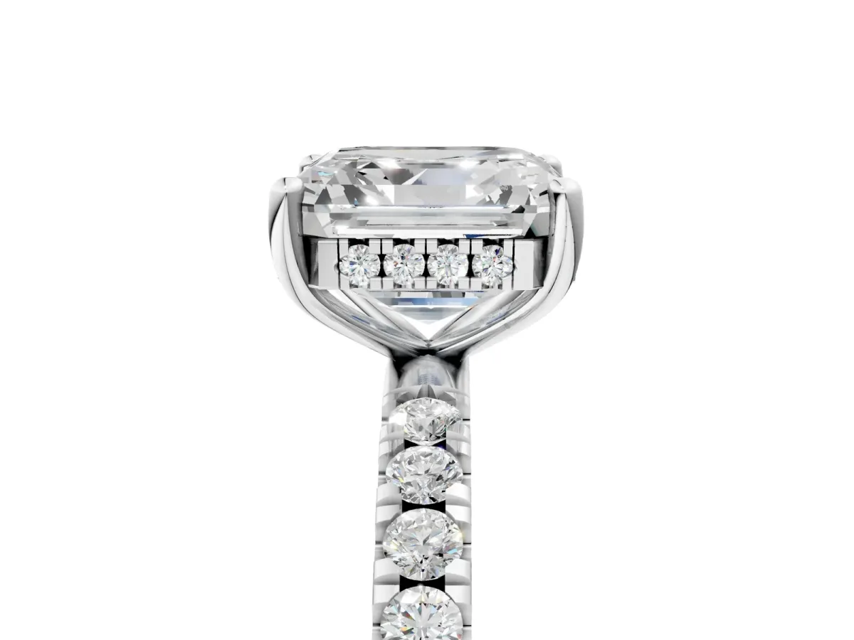 Asscher Cut Diamond Pave Band Solitaire Ring with Round Moissanite and Prong Setting Platinum