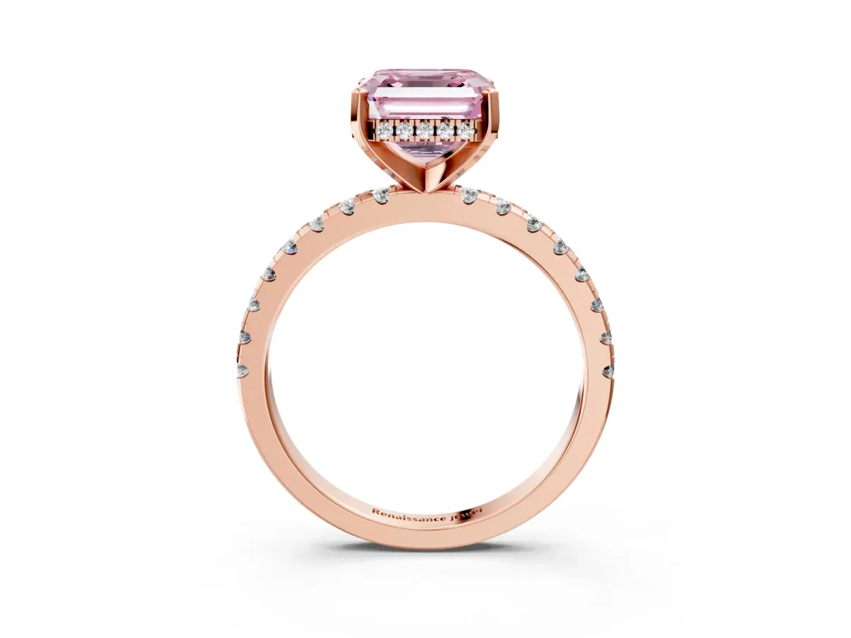 Fancy Pink Asscher Cut Diamond Solitaire Ring with Round Pavé Band and Four-Prong Setting Rose gold