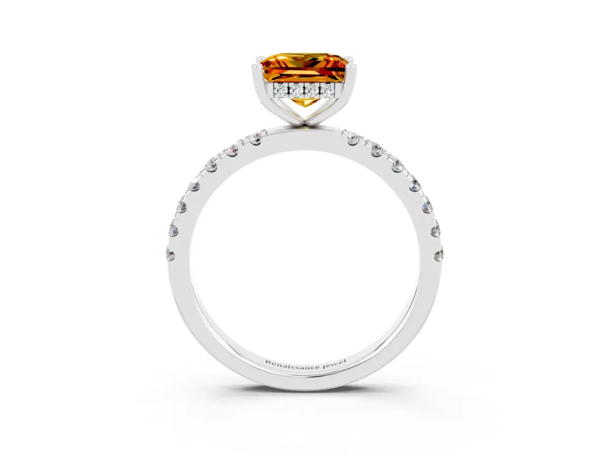 Princess Cut Citrine Pave Band Solitaire Ring with Round and Prong Setting Platinum