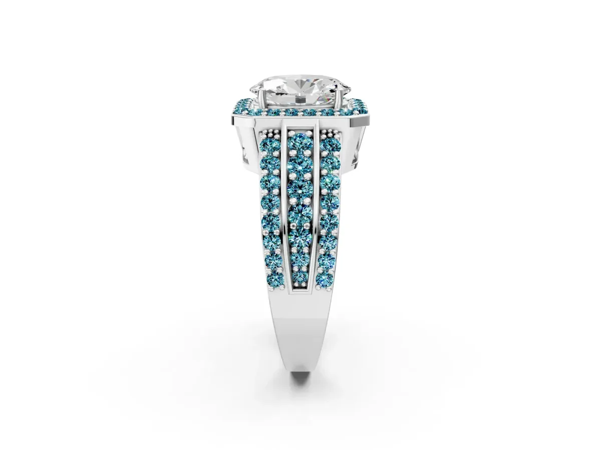 Oval Cut Halo Diamond Ring with Round Blue Topaz Split Shank and Prong Setting White gold