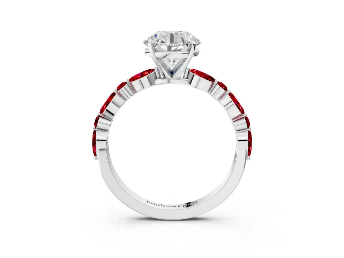 Round Cut Diamond Ring with Marquise and Round Ruby Side Stones and Four-Prong Setting White gold