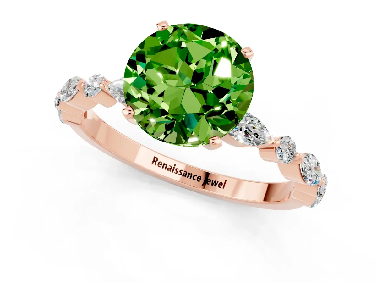 Round Cut Peridot Ring with Marquise and Round Side Stones and Four-Prong Setting Rose gold