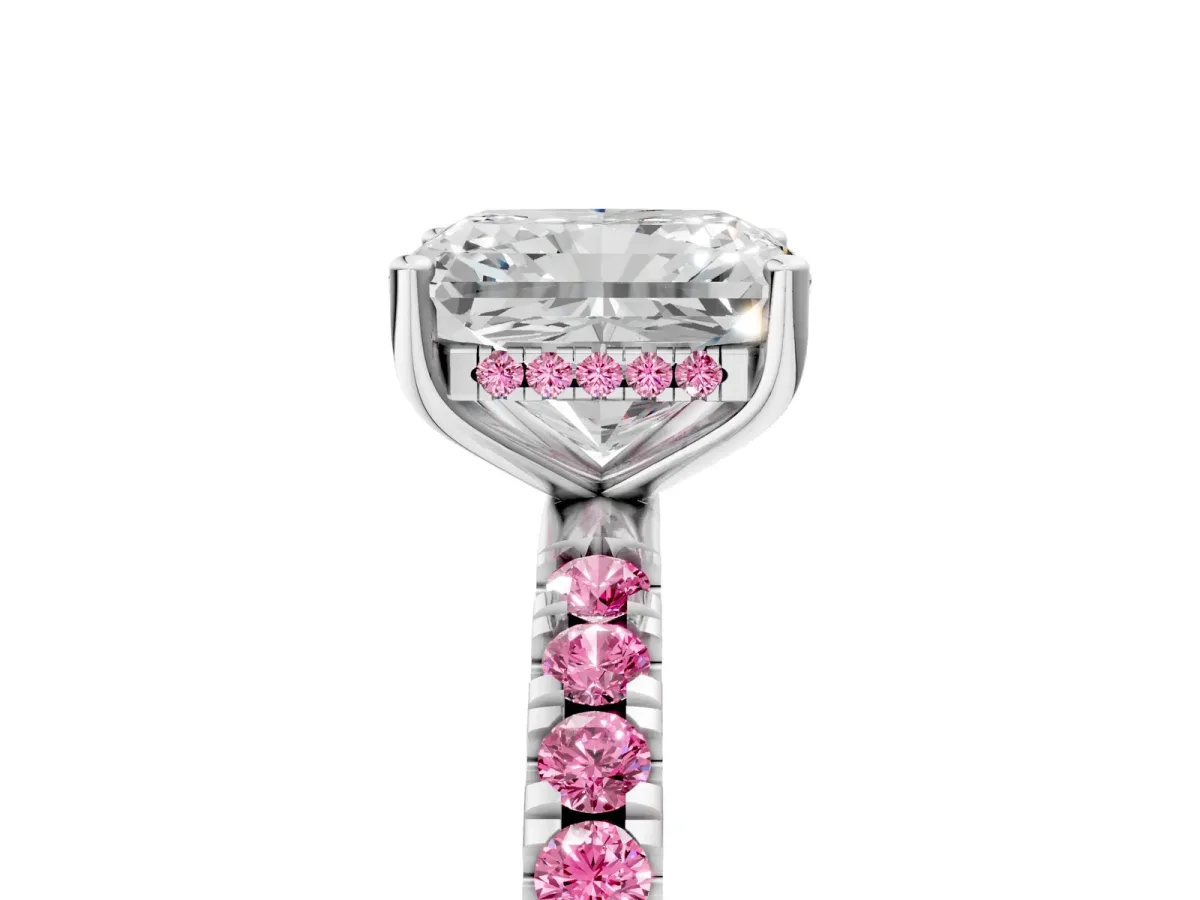 Radiant Cut Diamond Pave Band Solitaire Ring with Round Pink Sapphire and Prong Setting Platinum