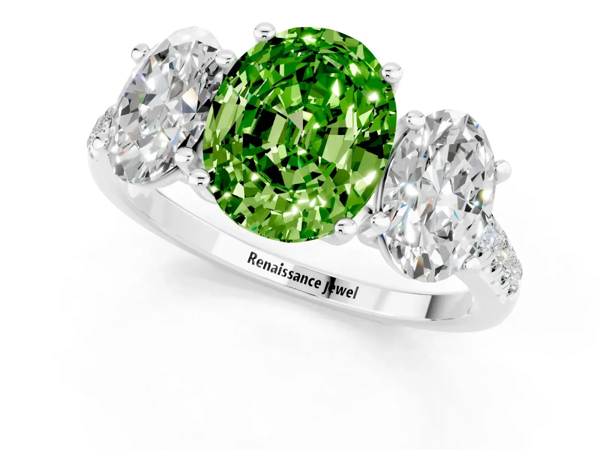 Three-Stone Oval Cut Peridot Ring with Round Pavé Band and Prong Setting White gold