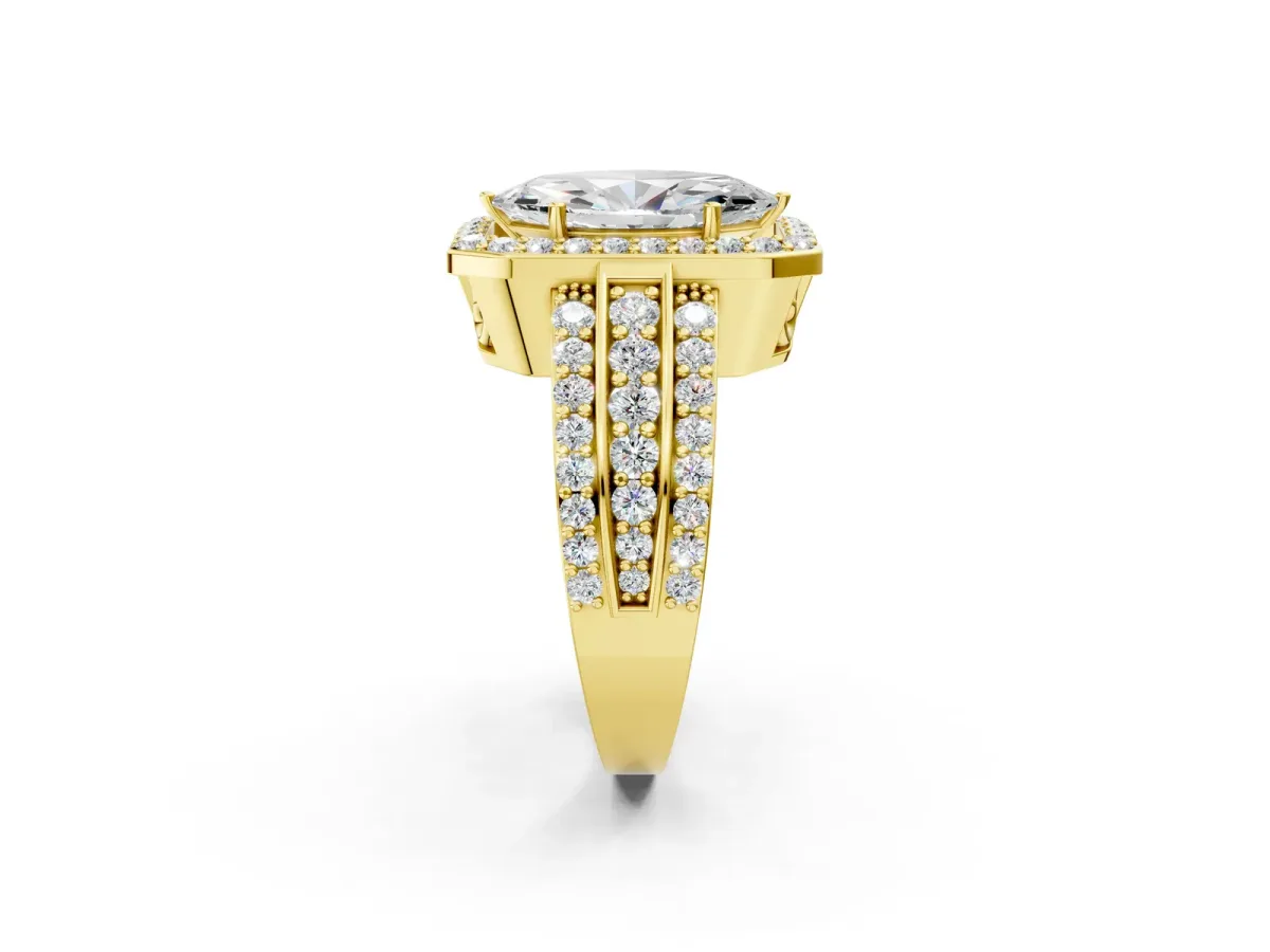 Marquise Cut Halo Diamond Ring with Round Moissanite Split Shank and Prong Setting Yellow gold