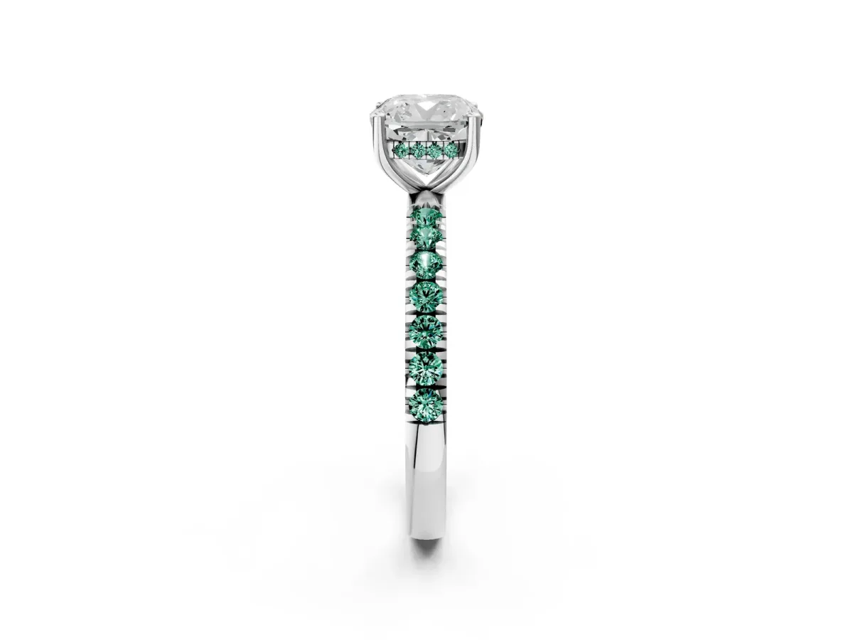 Cushion Cut Diamond Pave Band Solitaire Ring with Round Green Sapphire and Prong Setting Platinum