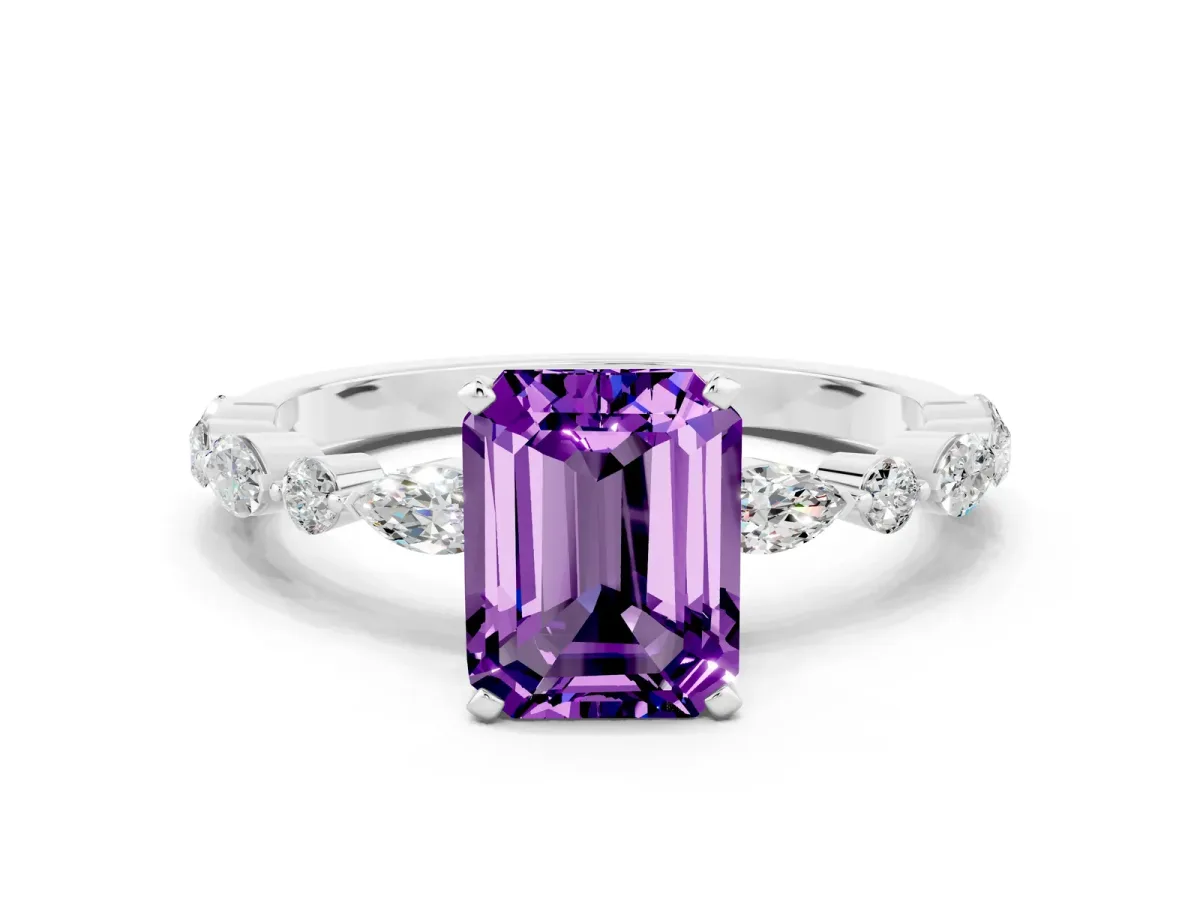 Emerald Cut Amethyst Ring with Marquise and Round Side Stones and Four-Prong Setting White gold