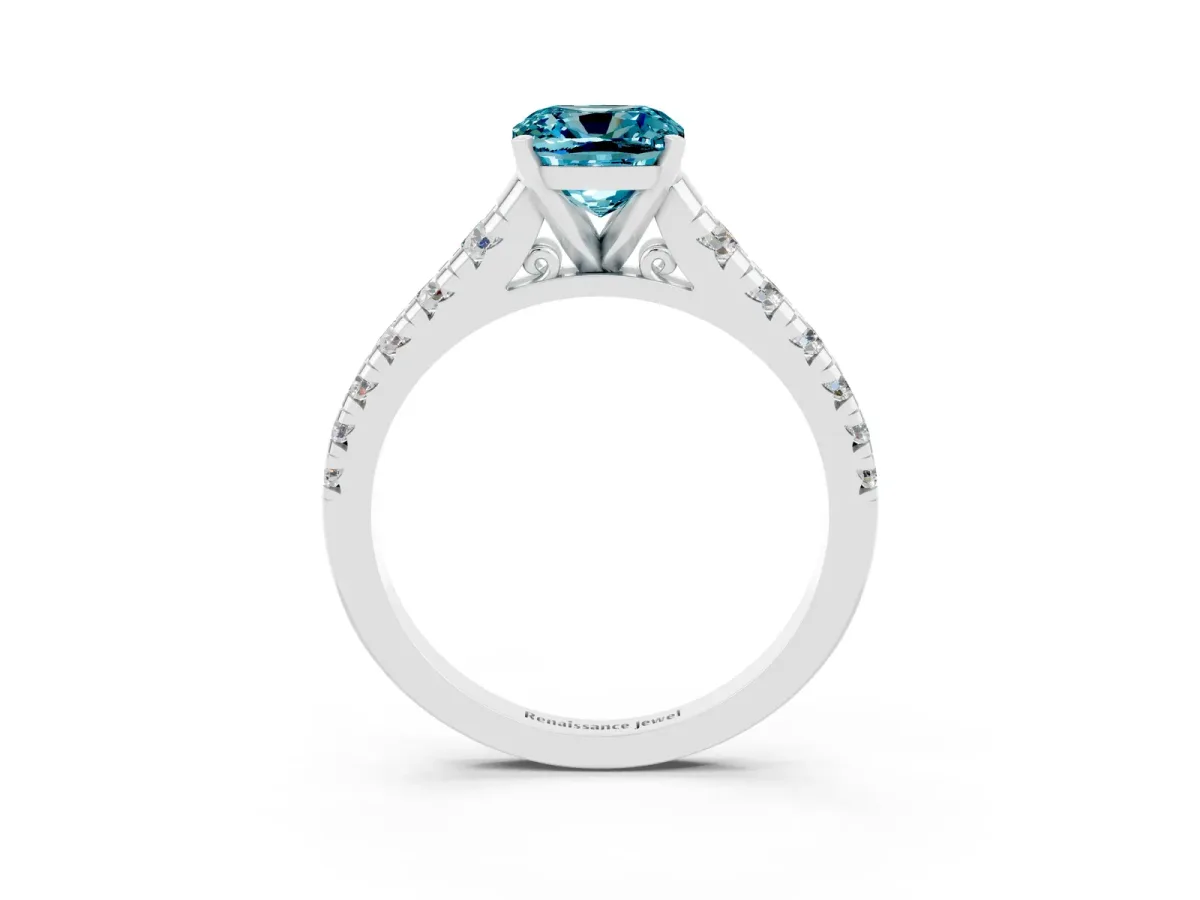 Cushion Cut Blue Topaz Cathedral Solitaire Ring with Round Pavé Band Platinum
