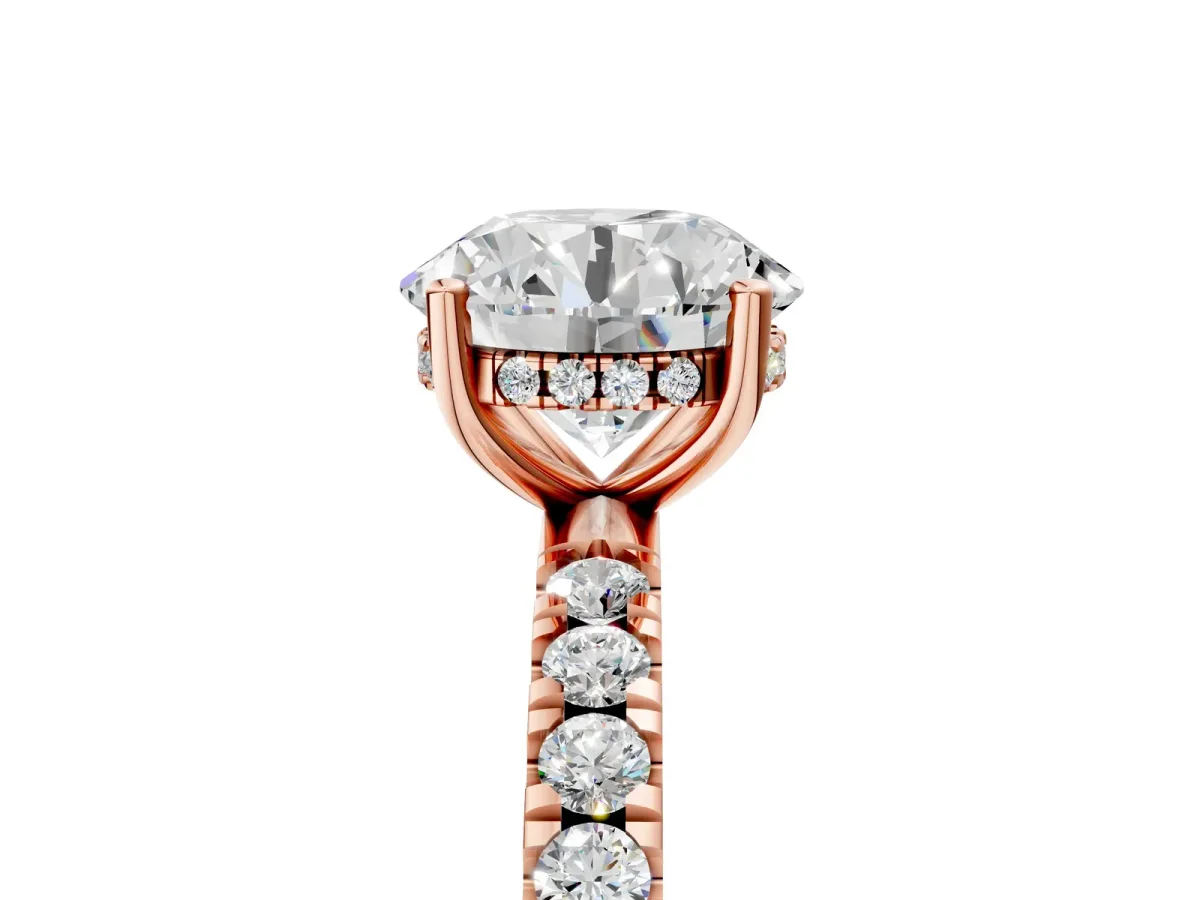 Round Cut Diamond Pave Band Solitaire Ring with Round and Prong Setting Rose gold