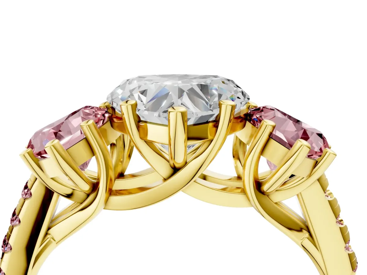 Three-Stone Heart Cut Diamond Ring with Round Morganite Pavé Band and Prong Setting Yellow gold