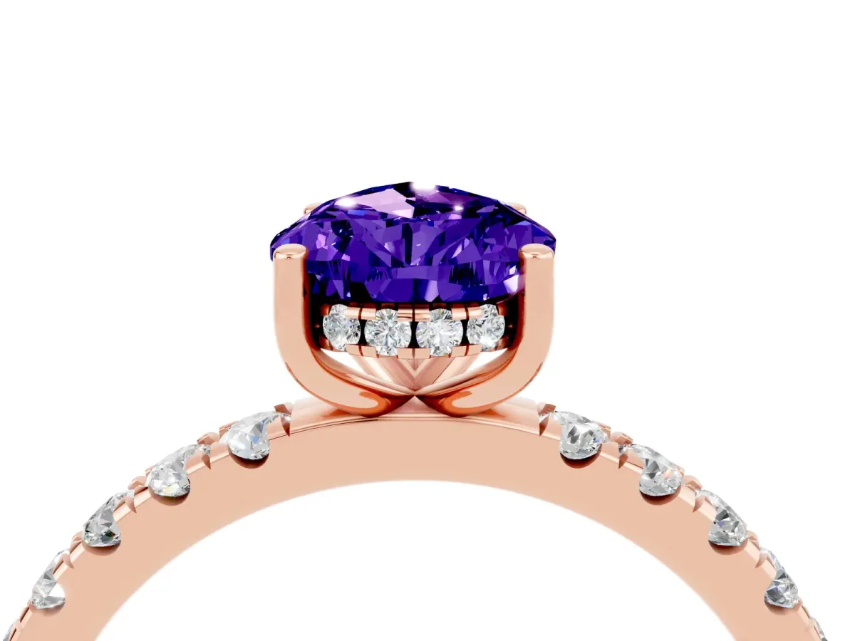 Pear Cut Tanzanite Pave Band Solitaire Ring with Round and Prong Setting Rose gold