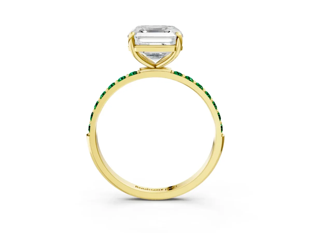 Asscher Cut Diamond Solitaire Ring with Round Emerald Pavé Band and Prong Setting Yellow gold